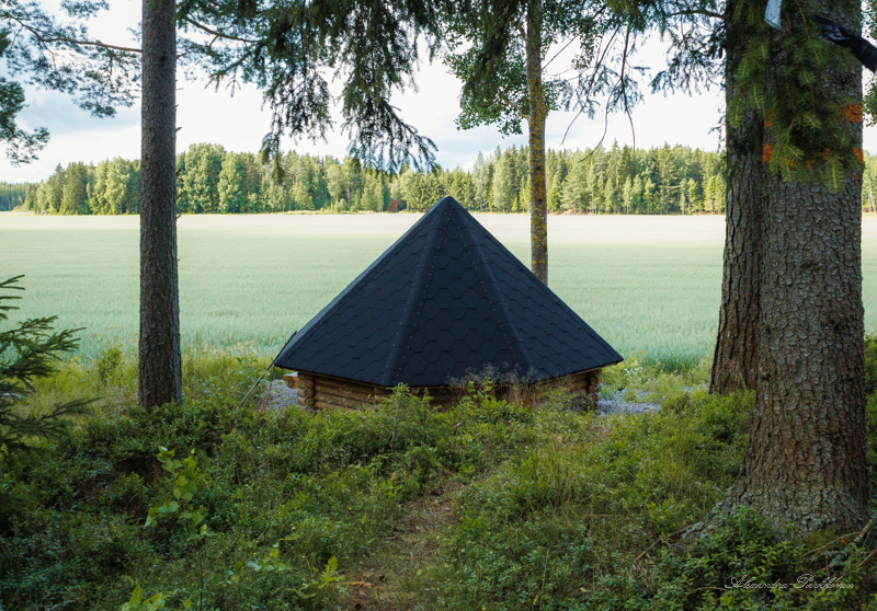 Laavu kuvattuna takaapäin. Etualalla näkyy polku, joka johtaa laavulle. Laavun takana on peltoa ja metsää.