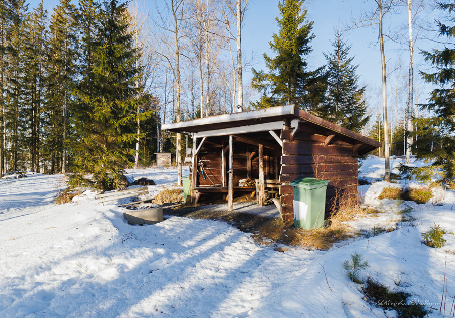 Puinen laavu kuvattuna etuviistosta. Laavun edustalla on betonirenkaasta tehty nuotiopaikka ja laavun takana näkyy puita.