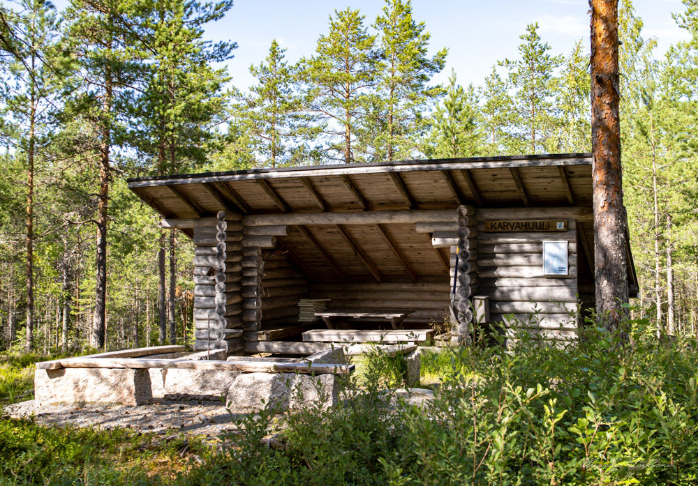 Metsässä sijaitseva laavu kuvattuna edestä päin. Laavun edustalla näkyy kivisin penkein varustettu tulipaikka ja laavun ympärillä on puita.